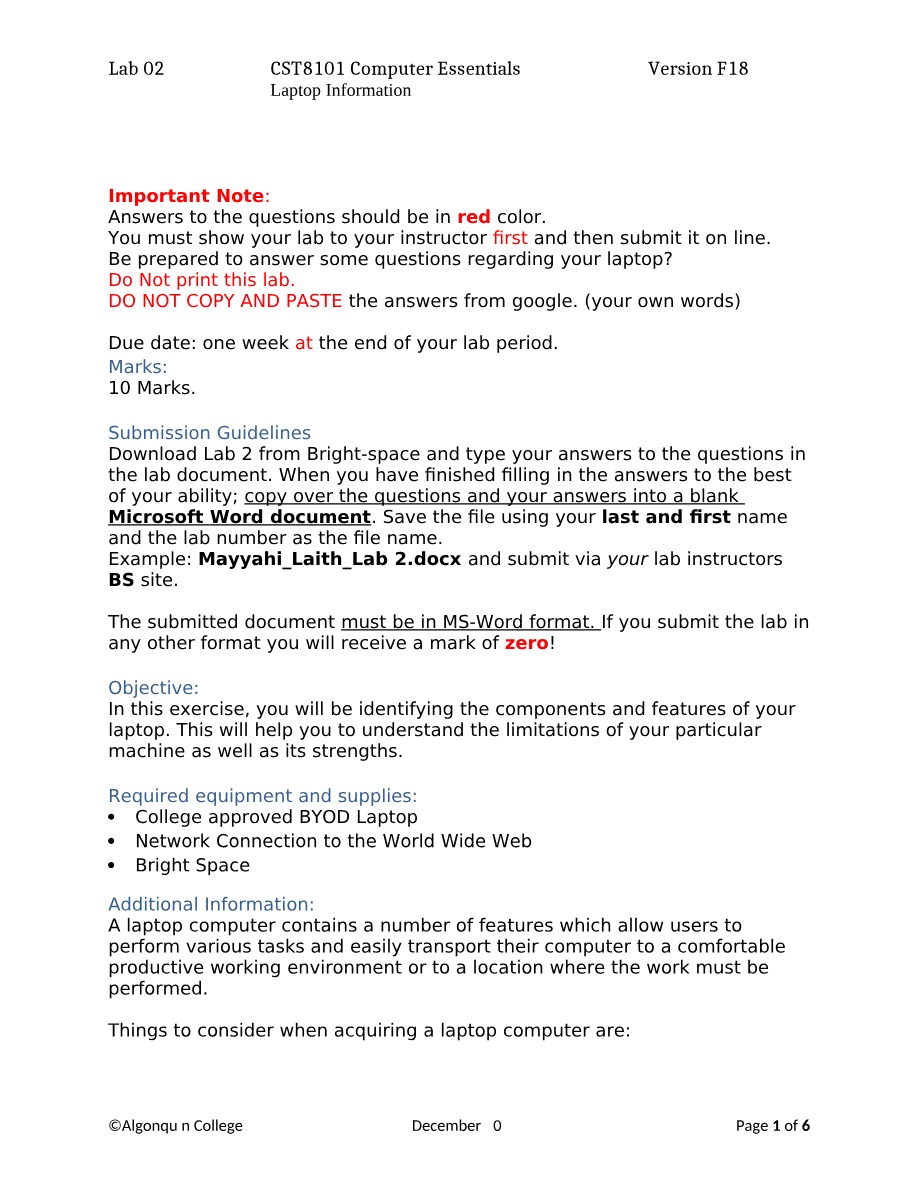 Laptop Information - Lab 02