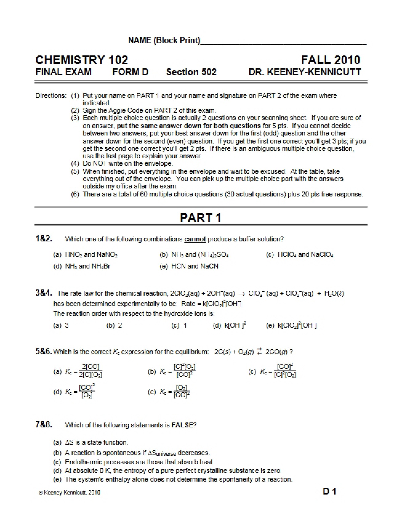 Final Exam, Version D from Fall 2010