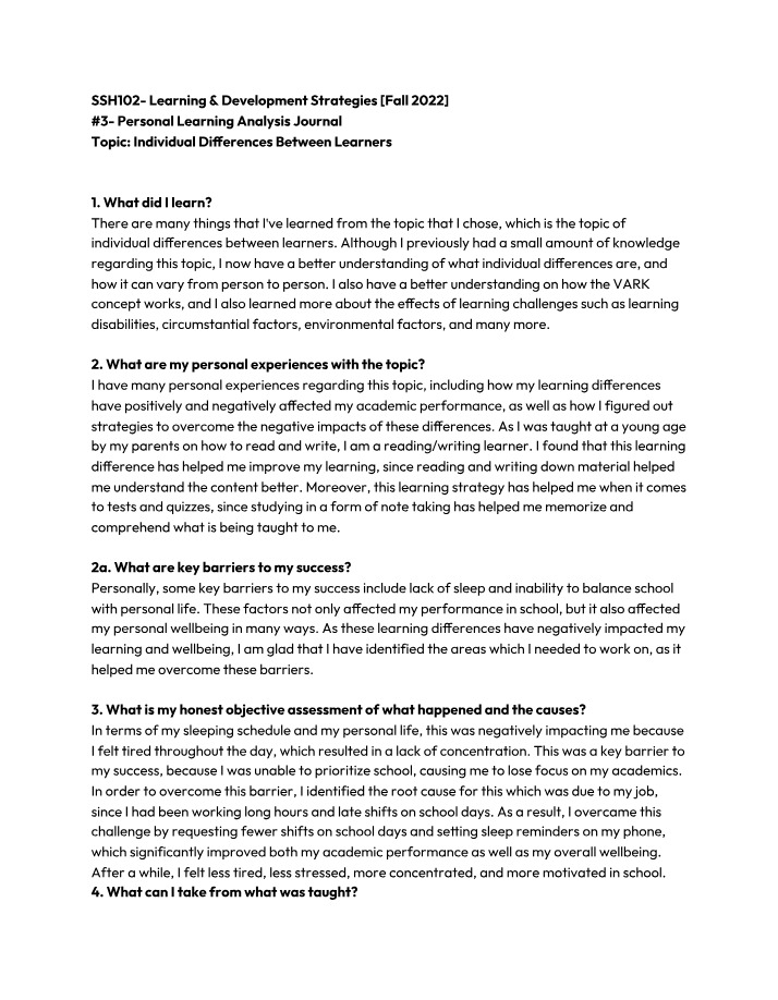 Journal 3 - Personal Learning Analysis
