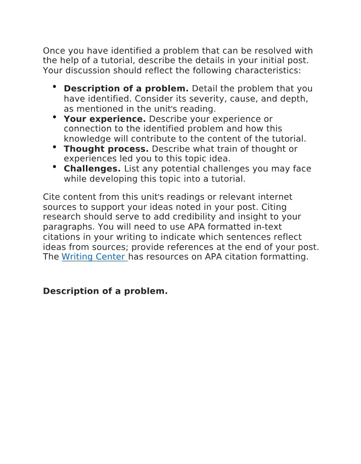 Problem Identification and Description for Tutorials