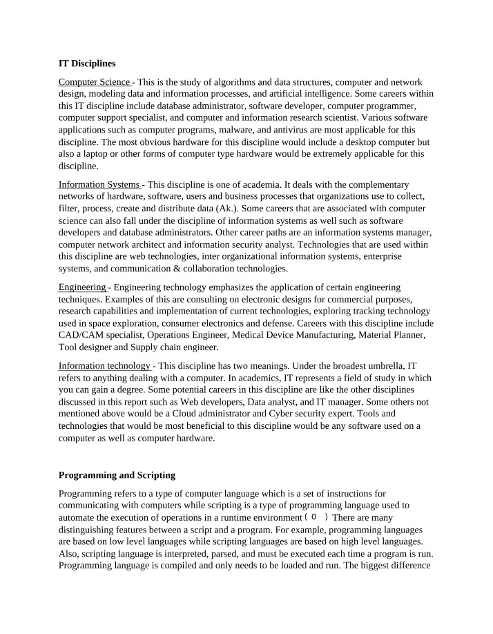 IT Disciplines and Careers in Computer Science and Information