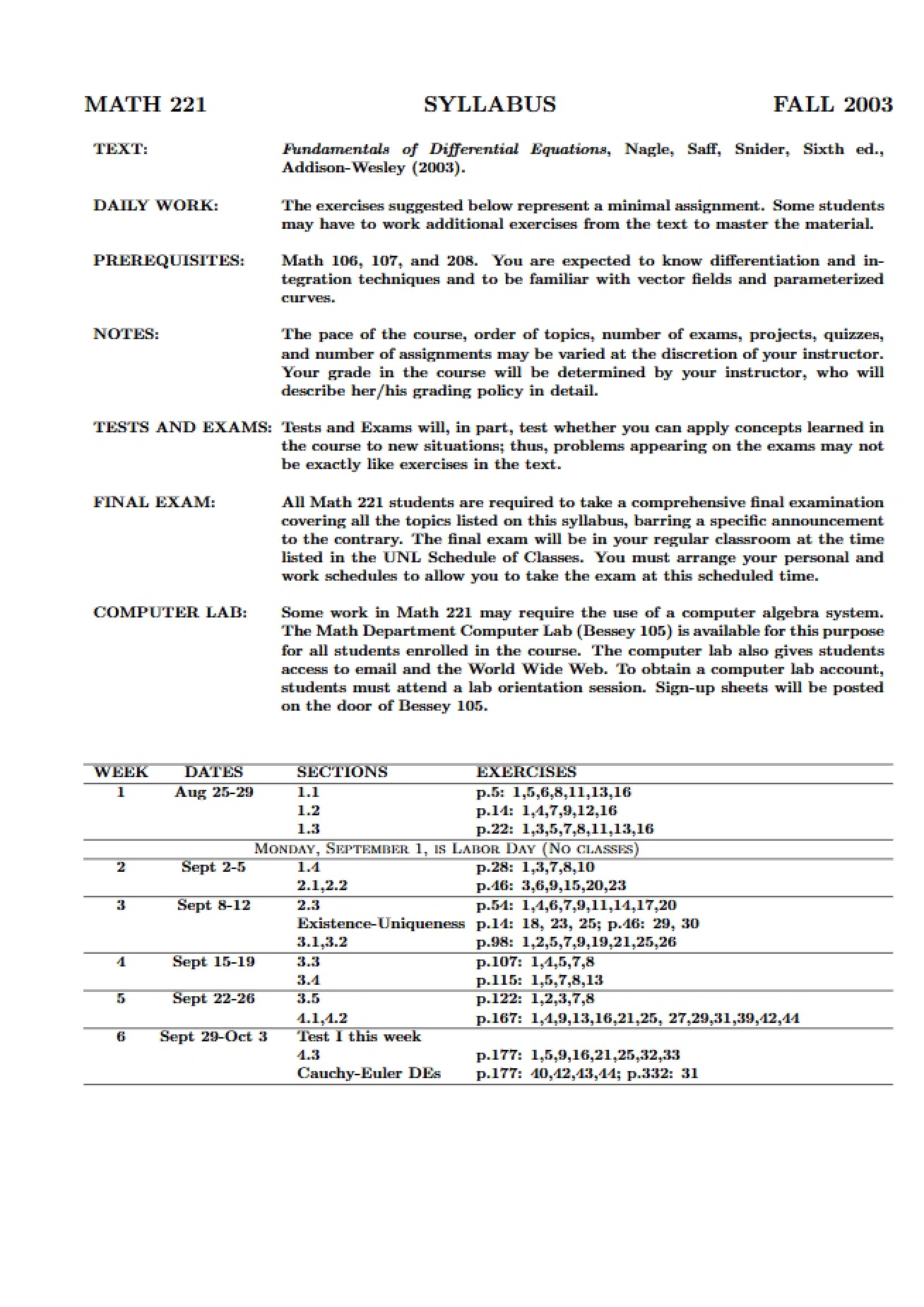Honors Differential Equations Syllabus
