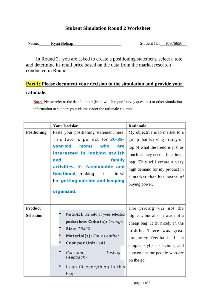 Worksheet for Stukent Simulation Round 2