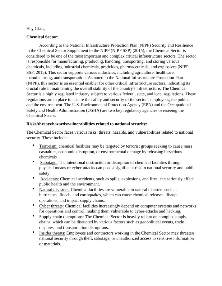 Risks, Regulations, and Resilience in the National Chemical Sector
