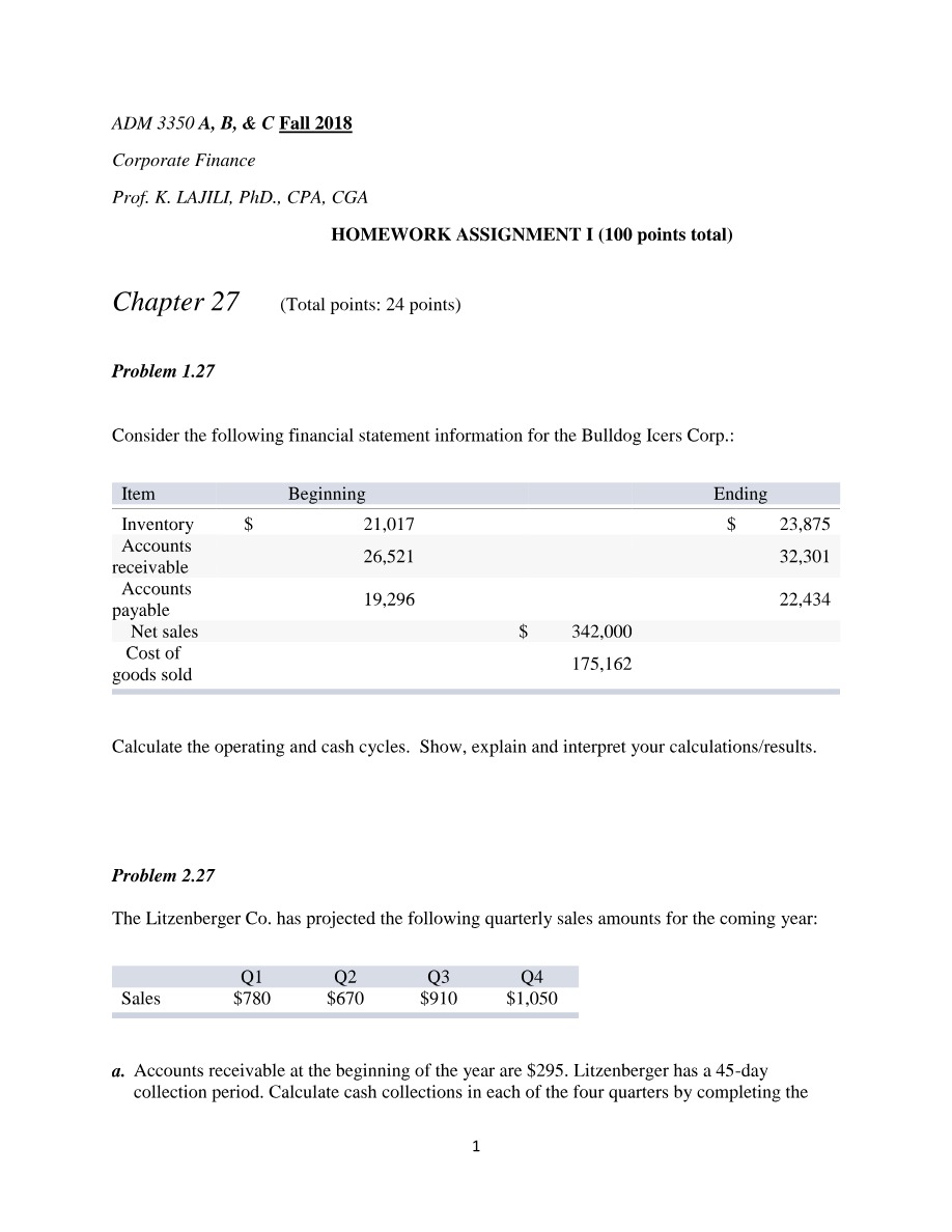 Homework Assignment I - ADM 3350 Fall 2018