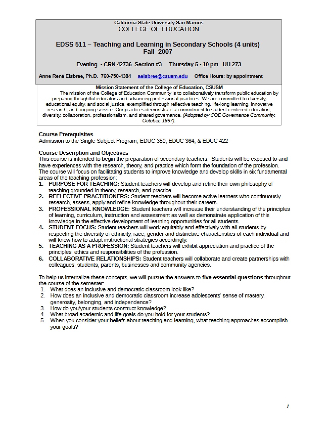 Syllabus by Elsbree for Teaching and Learning