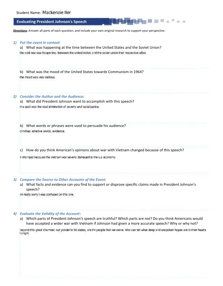 President Johnson's Speech Evaluation Worksheet