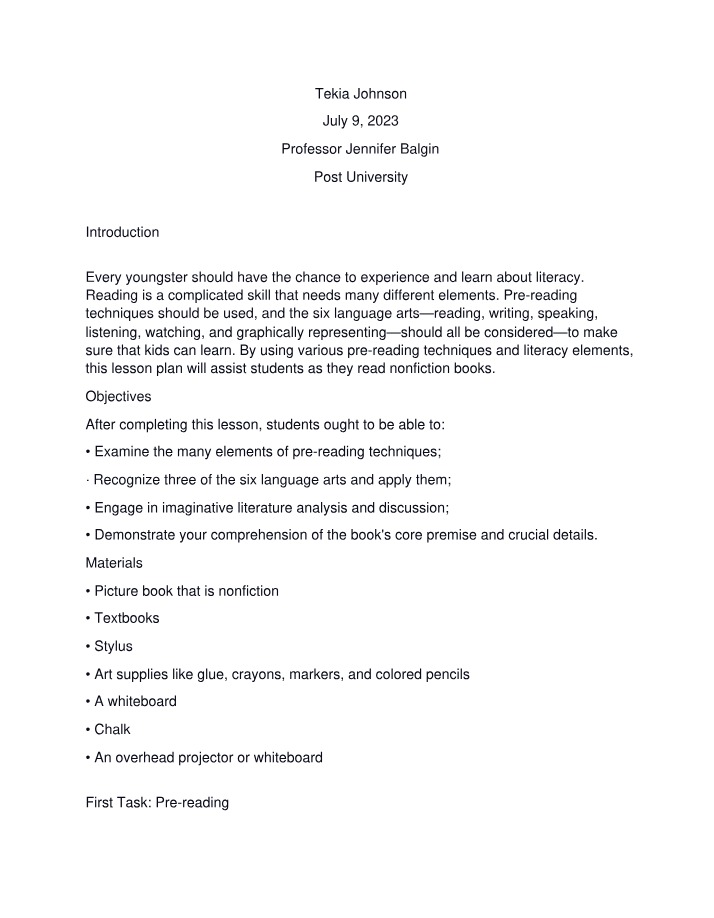 Lesson Plan for Reading Literacy