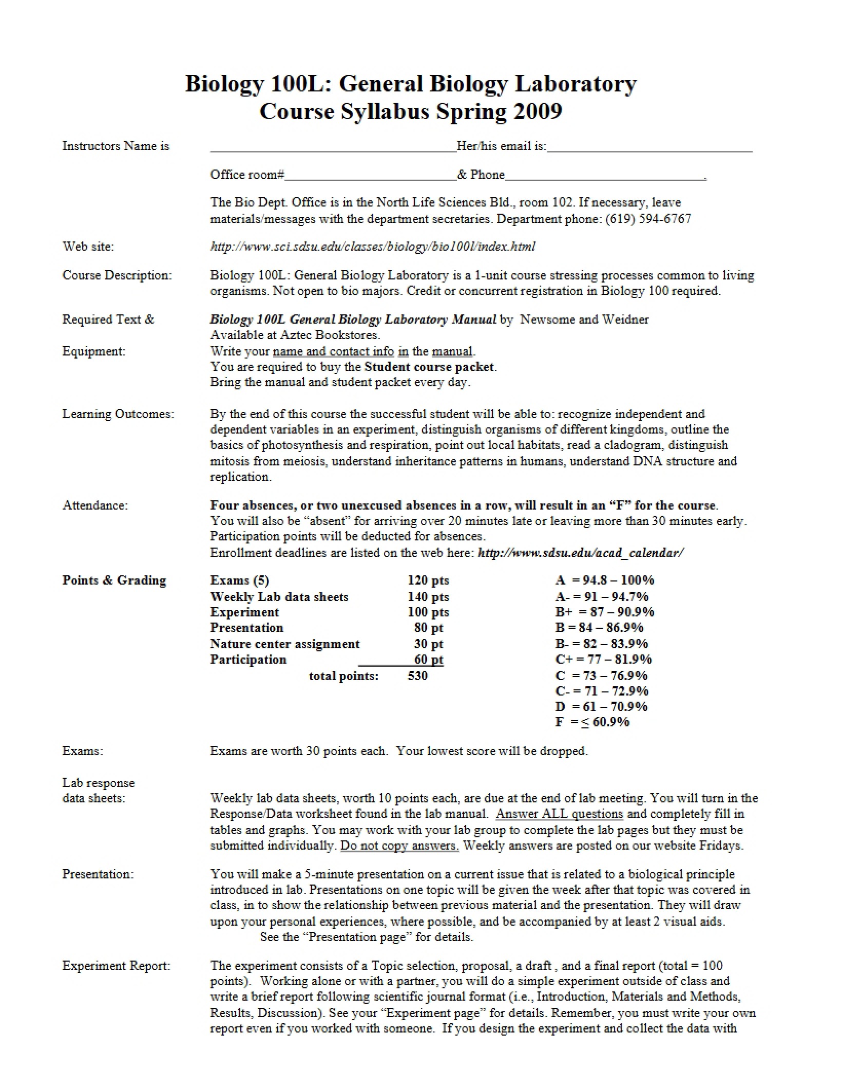 Lab Syllabus General Biology