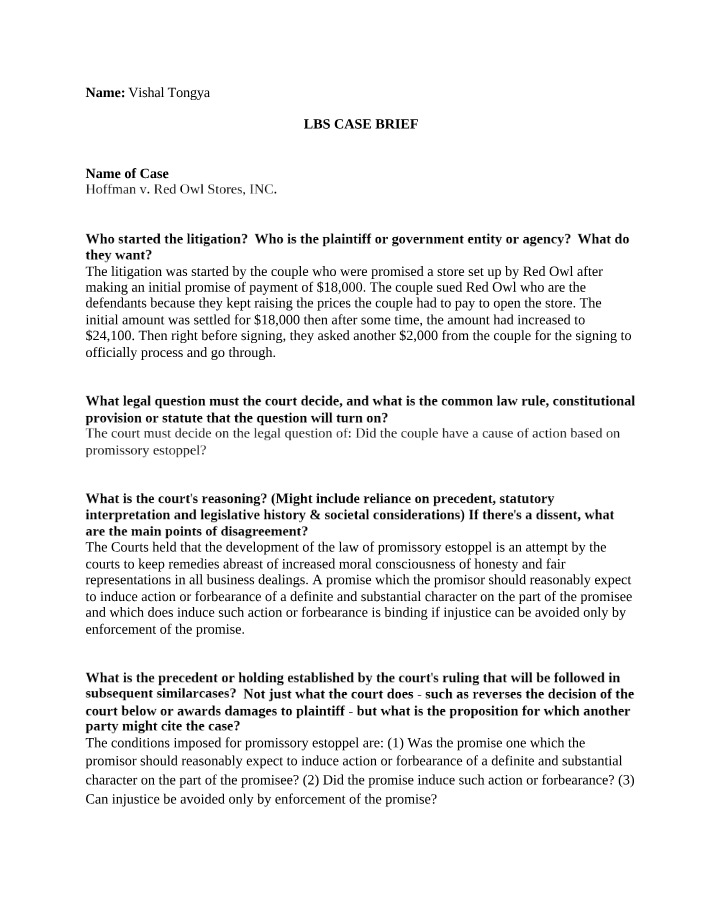Hoffman v Red Owl Stores INC Case Brief Analysis