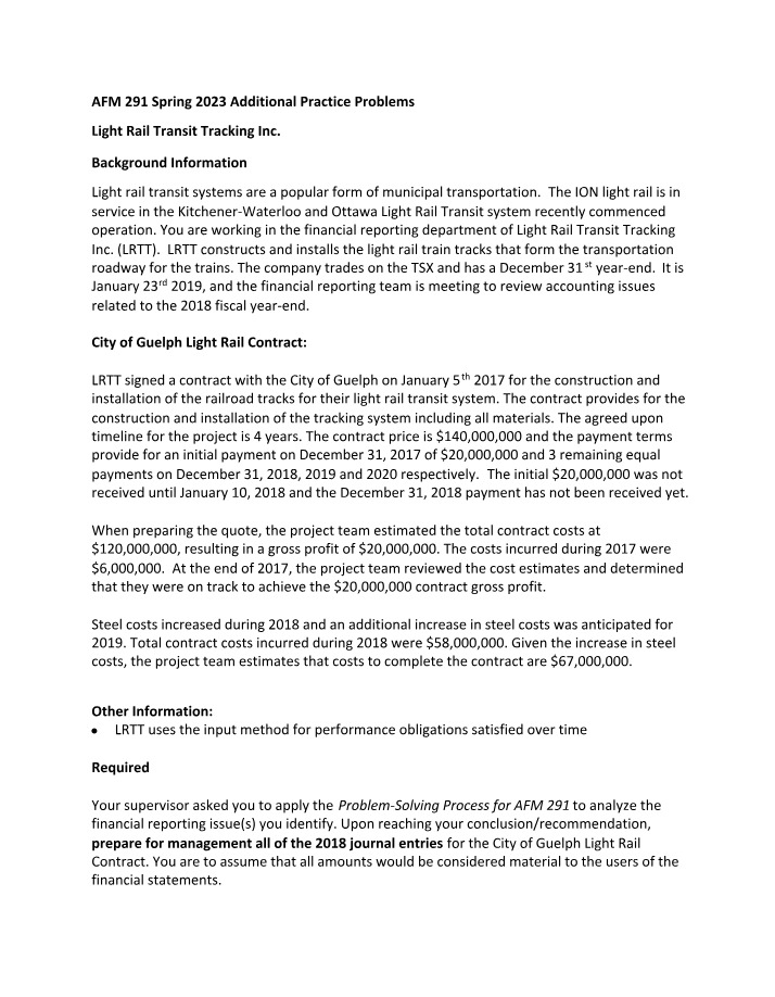 AFM 291 Spring 2023 Additional Practice - Light Rail Transit Tracking Inc