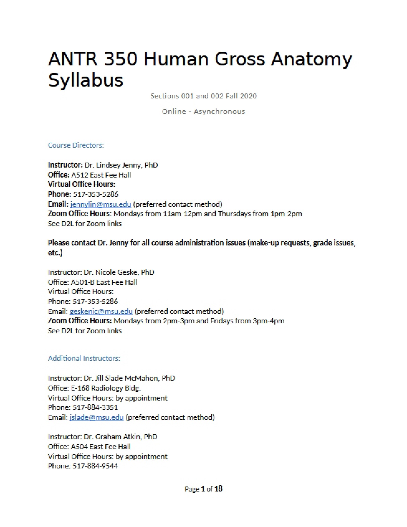 Human Gross Anatomy Syllabus