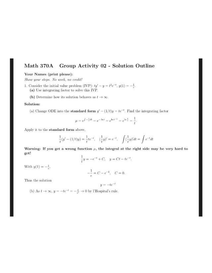 Solution Outline for Math 370A Group Activity 02