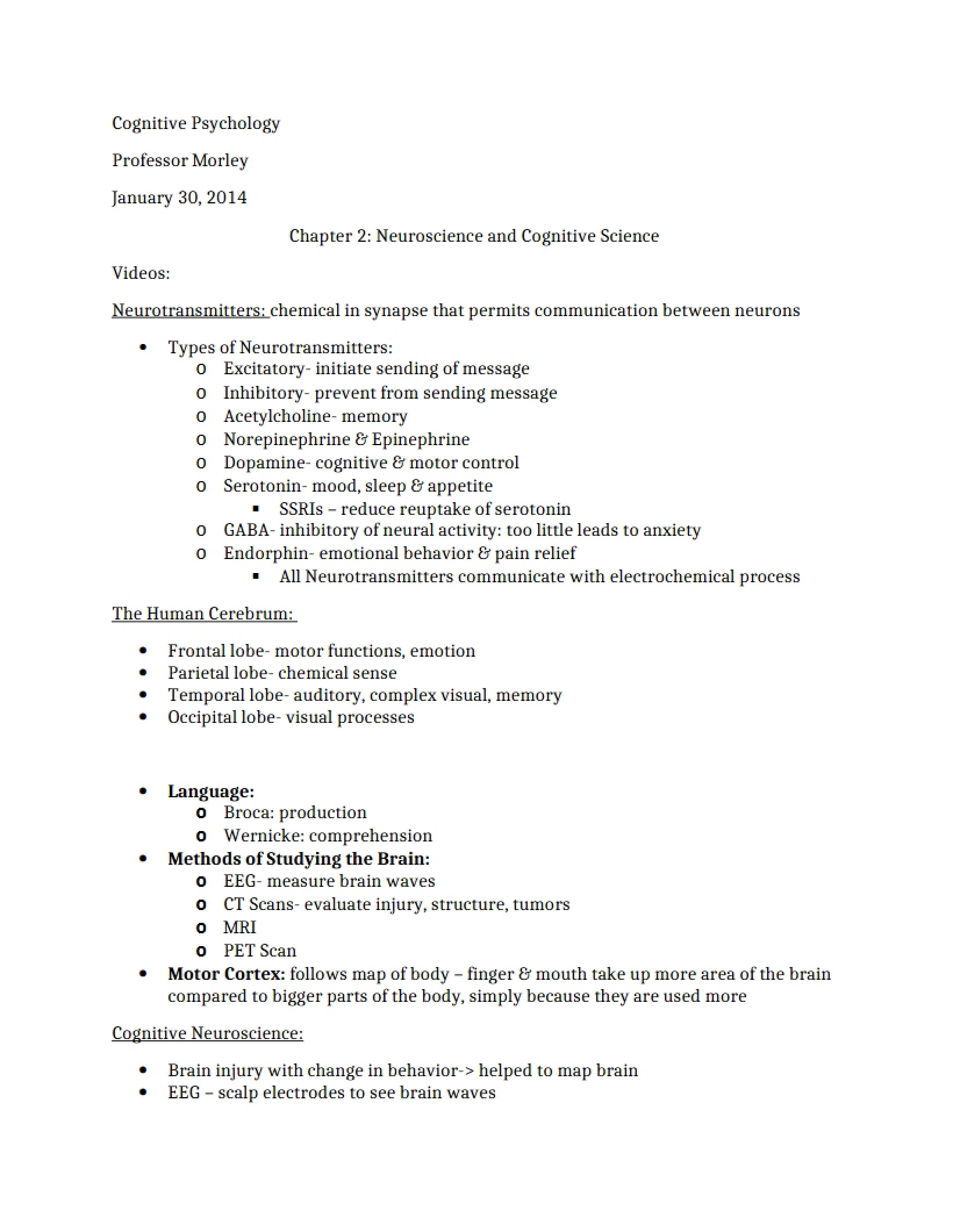 Cognitive Science and Neuroscience (Ch 2)