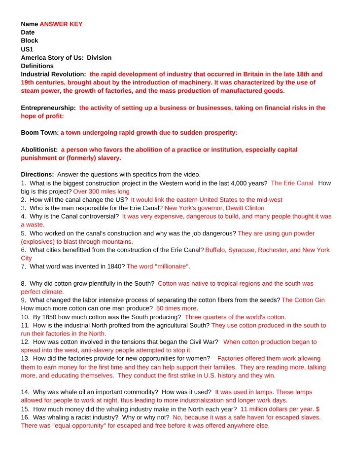 Answer Key - America Story of Us - Division and the Industrial Revolution