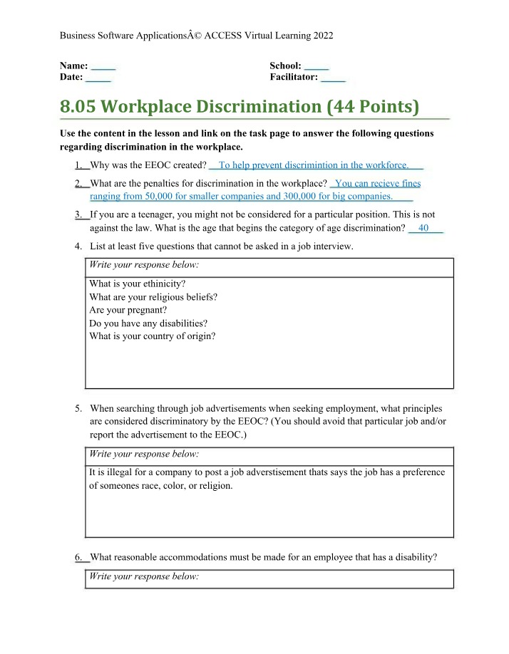 Workplace Discrimination 8.05
