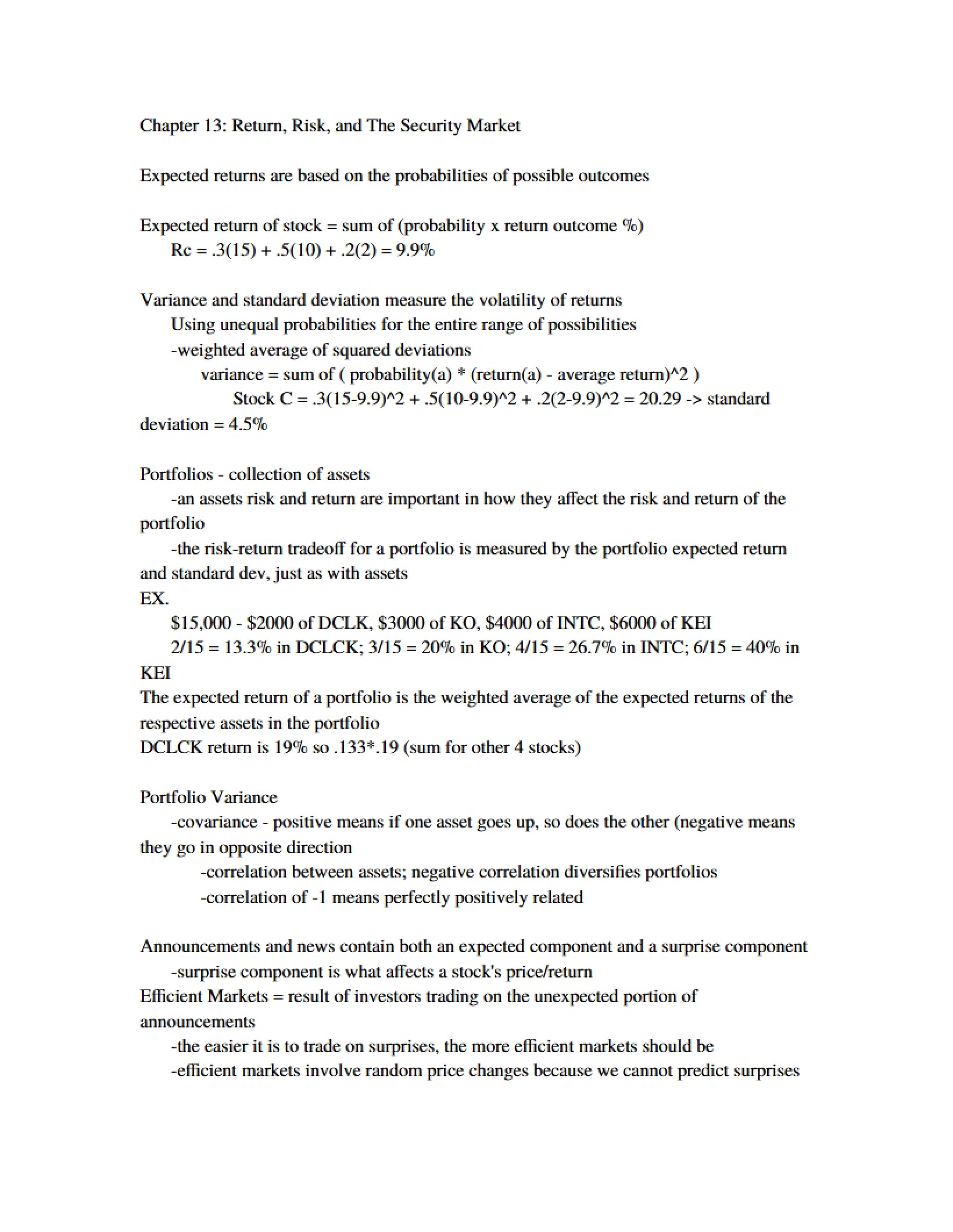 Security Market, Risk, and Return (Chapter 13)