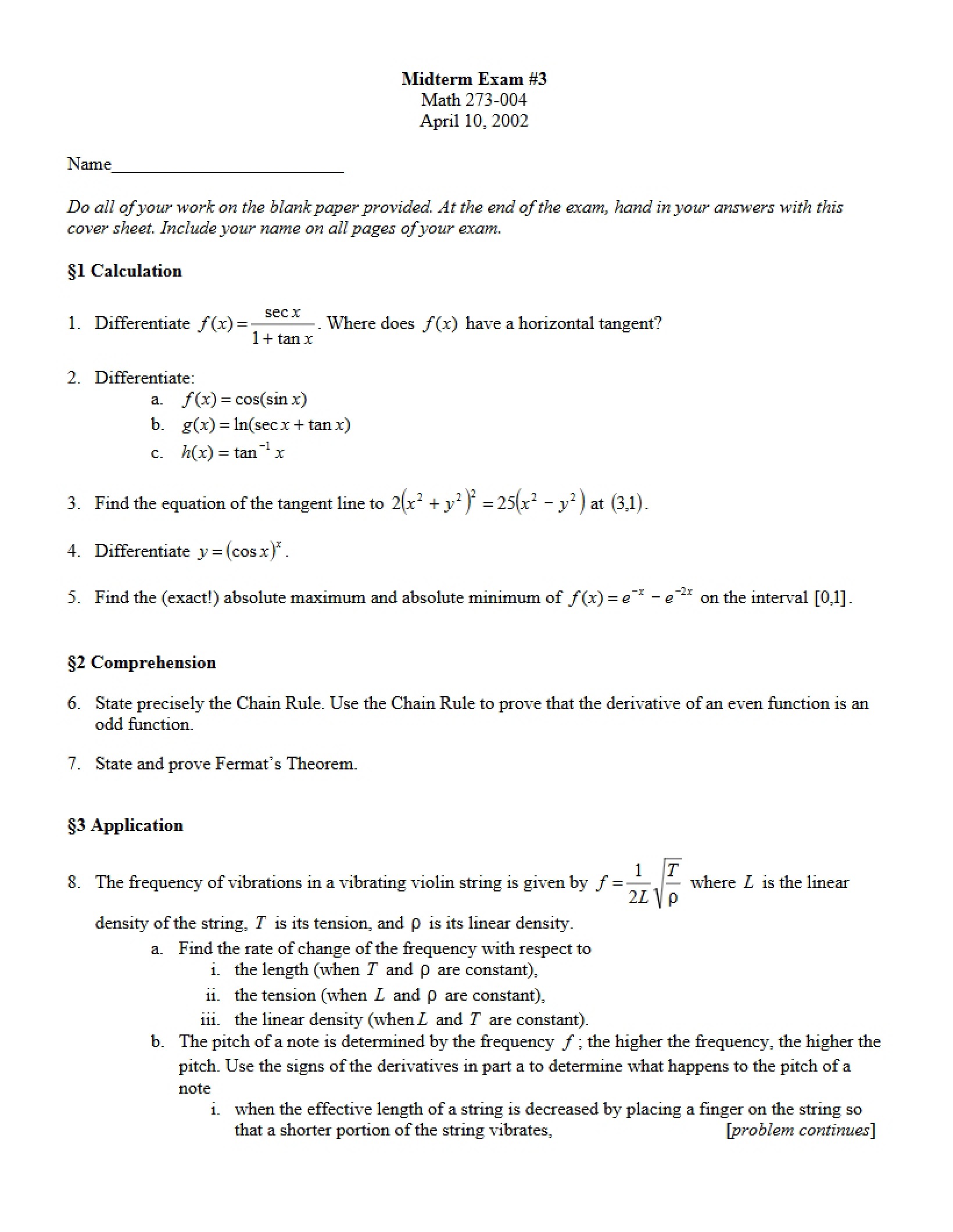 Midterm Three for Calculus I