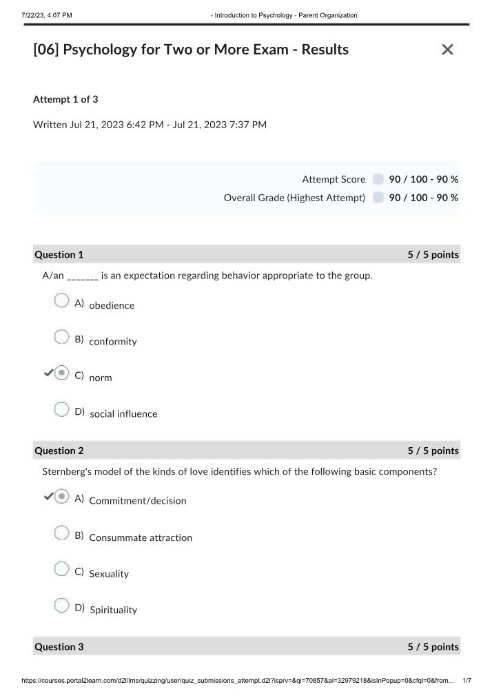 Key Concepts and Exam Results for Intro to Psychology