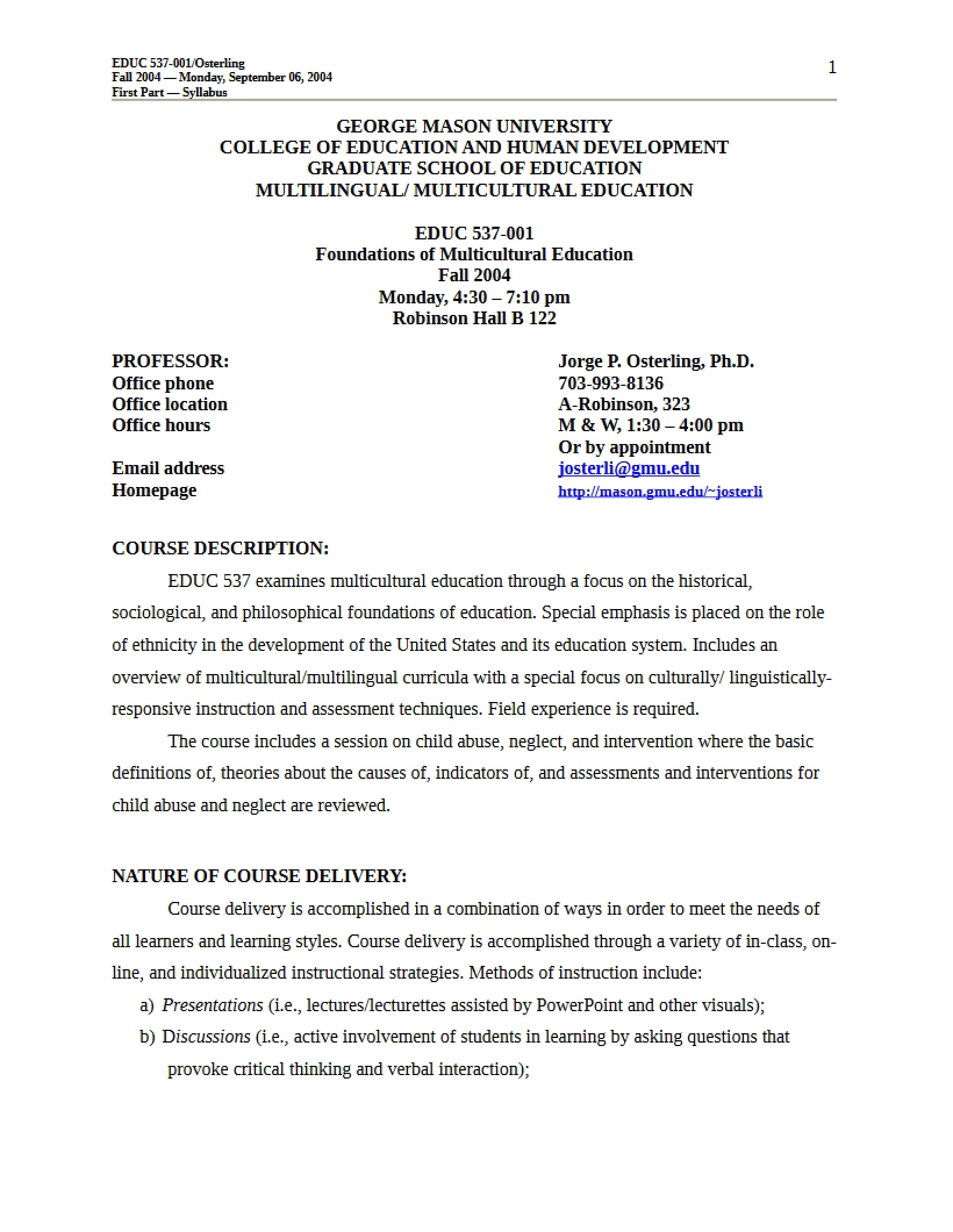 Course Syllabus for Diverse Learners