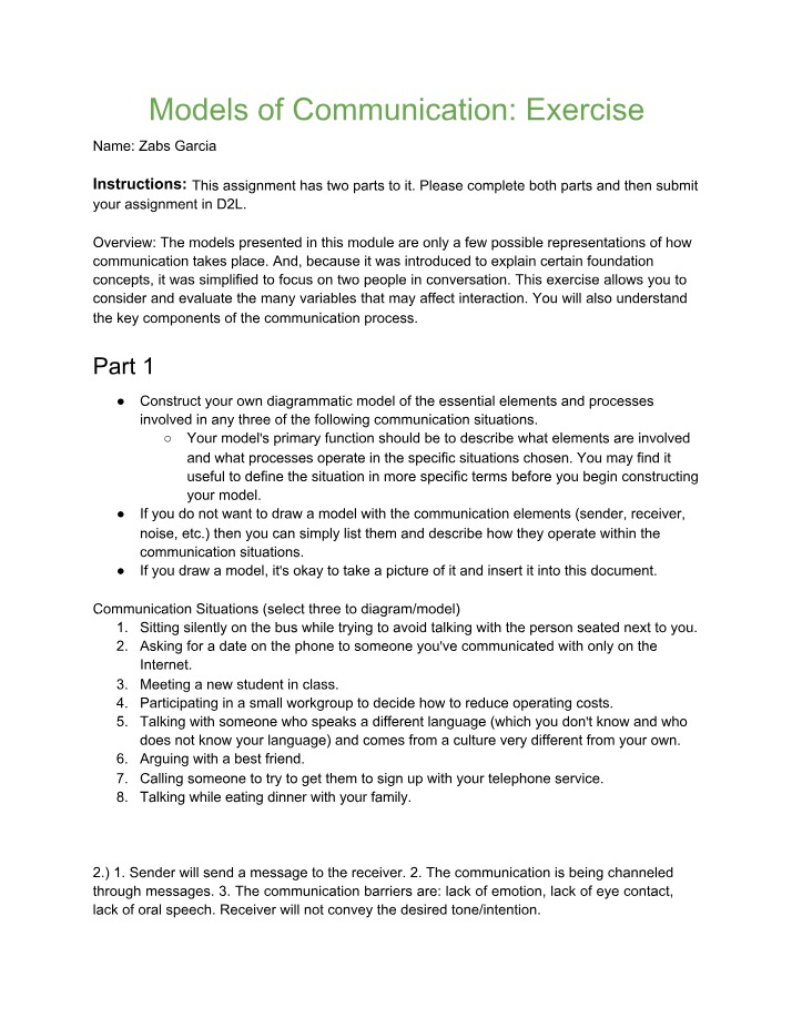 Exercise on Models of Communication