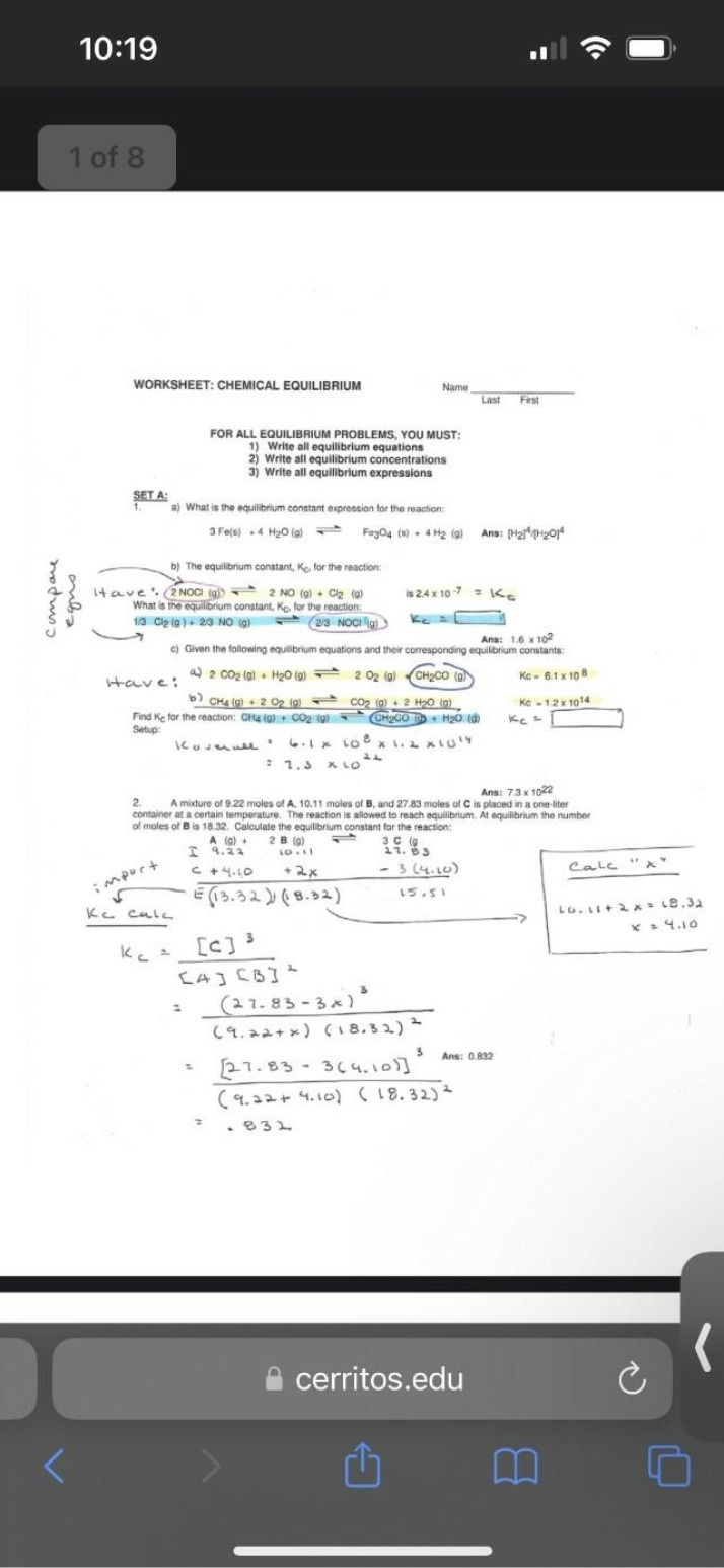 Worksheet on Chemical Equilibrium