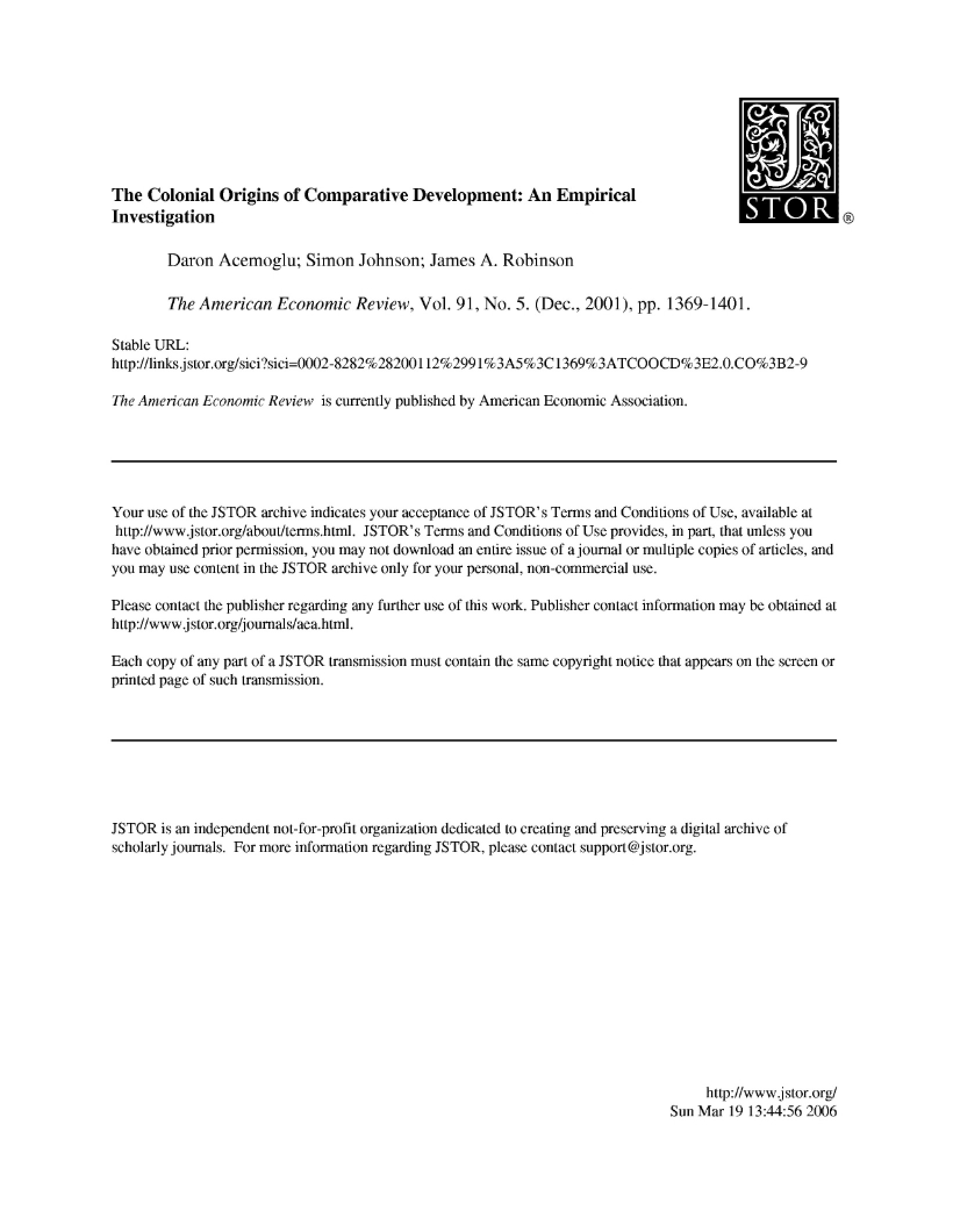 Comparative Development Colonial Origins