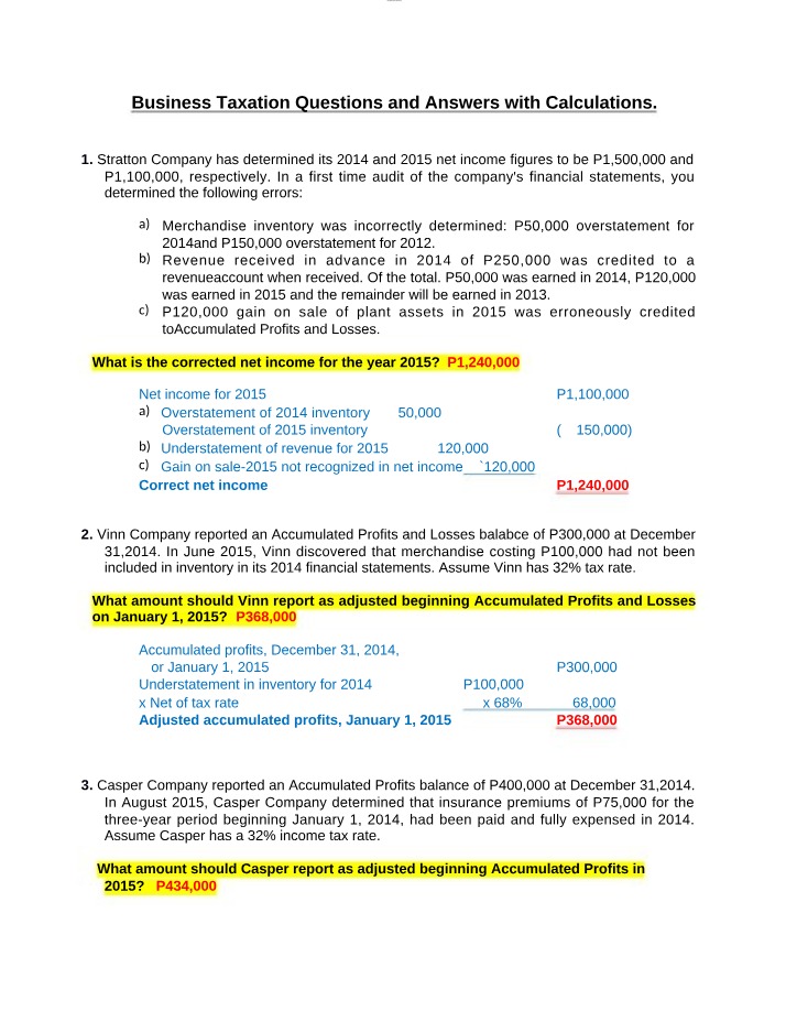 Business Taxation - Questions, Answers, and Calculations