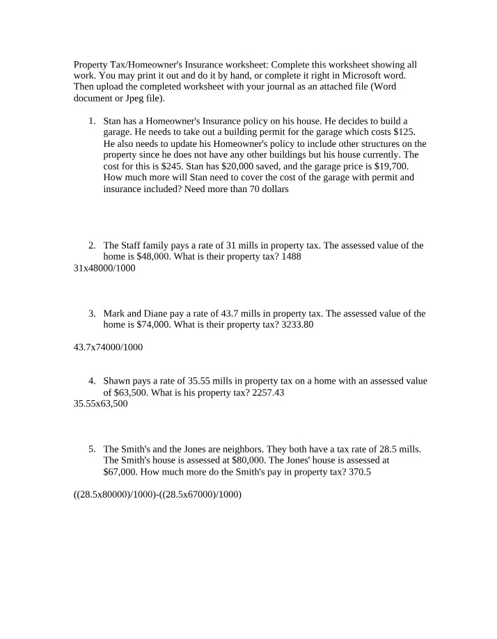 Property Tax and Homeowner's Insurance Worksheet