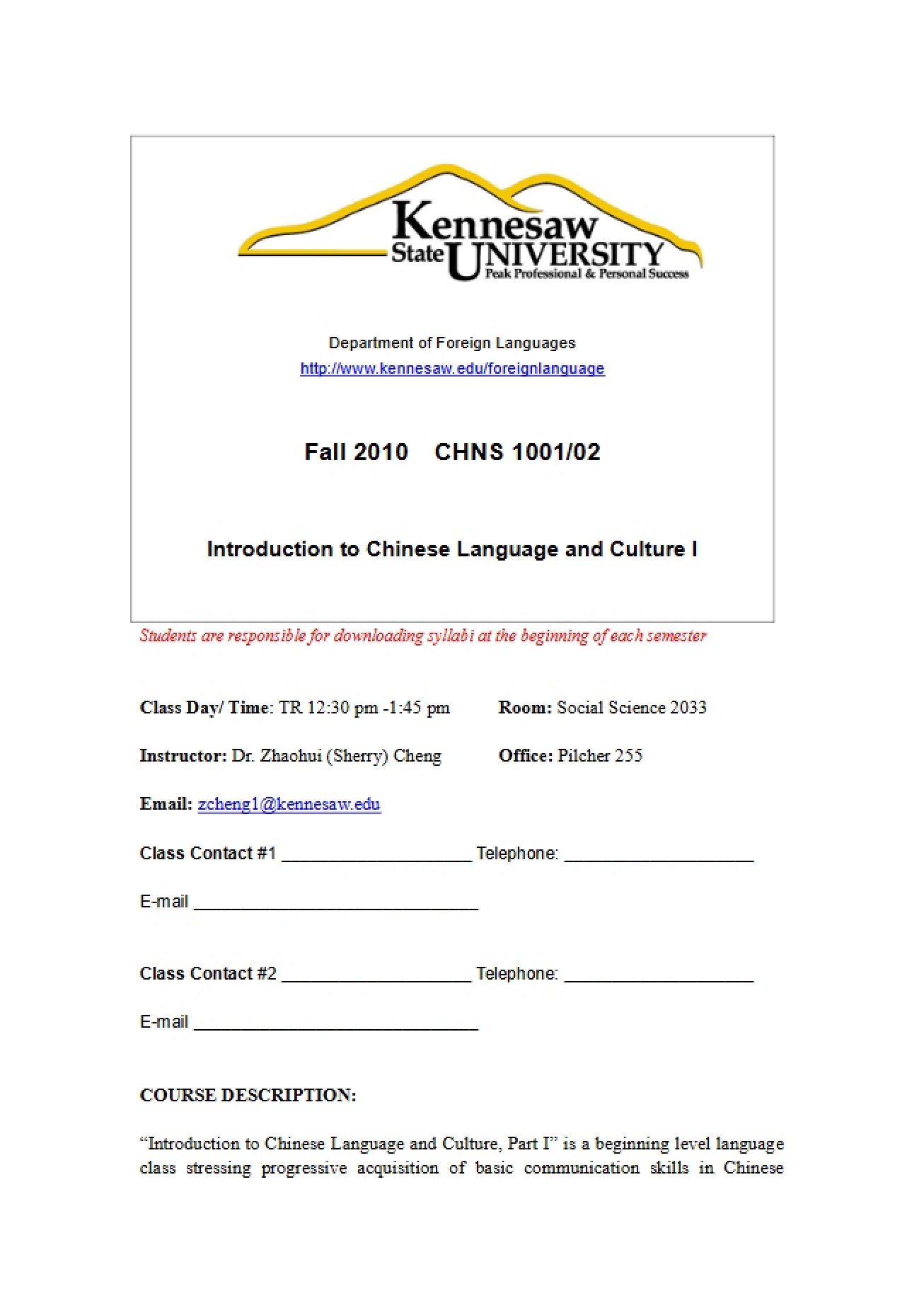 Sample Syllabus for a Course on Introduction to Chinese Language and Culture - Intr Chin Lang And Culture I