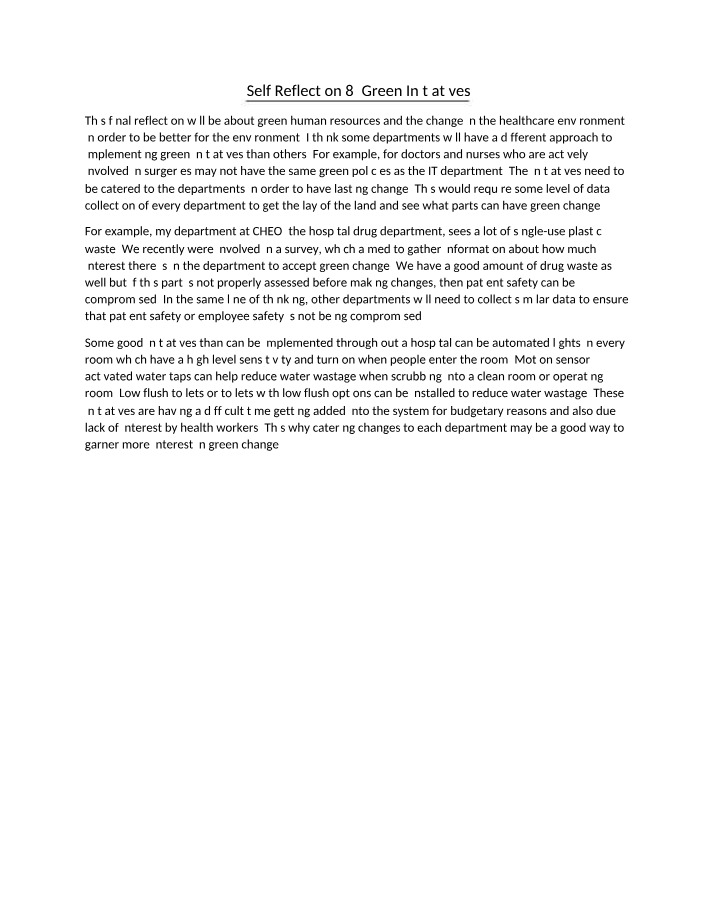 Self Reflection 8 on Green Initiatives
