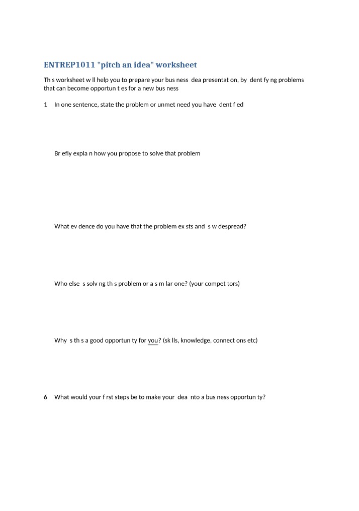Worksheet for Pitch an Idea - ENTREP1011
