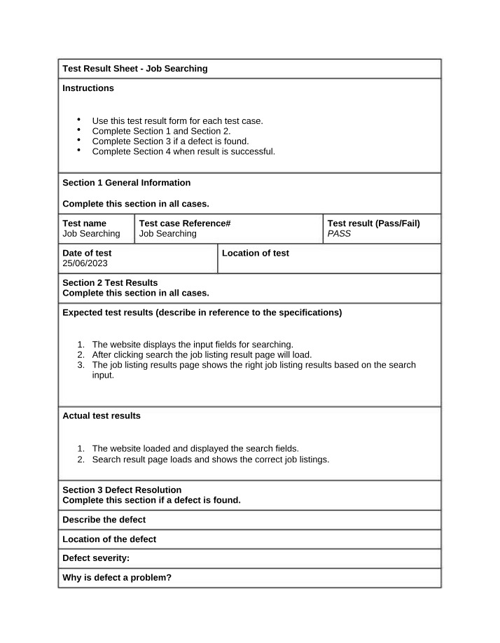 Defect Resolution and Test Results for Optimized Job Searching