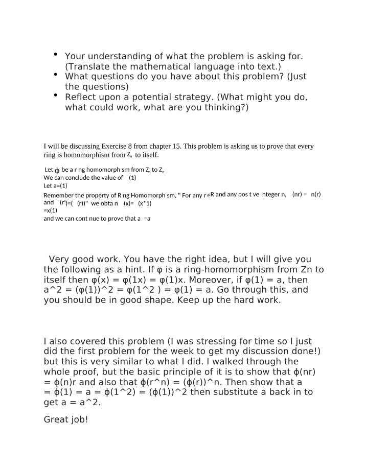 Ring Homomorphism Proof - Chapter 15 Exercise 8 Discussion