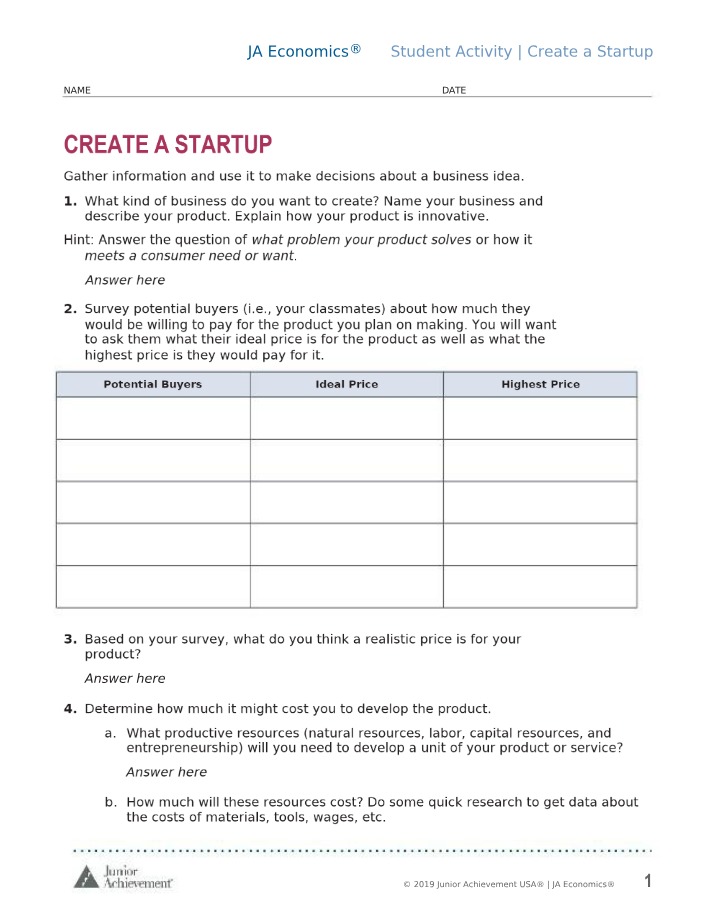 Startup Creation Student Activity