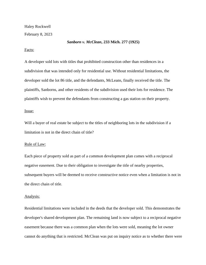 Sanborn v. McClean Case Notes