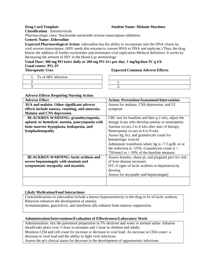 Zidovudine Drug Card Template