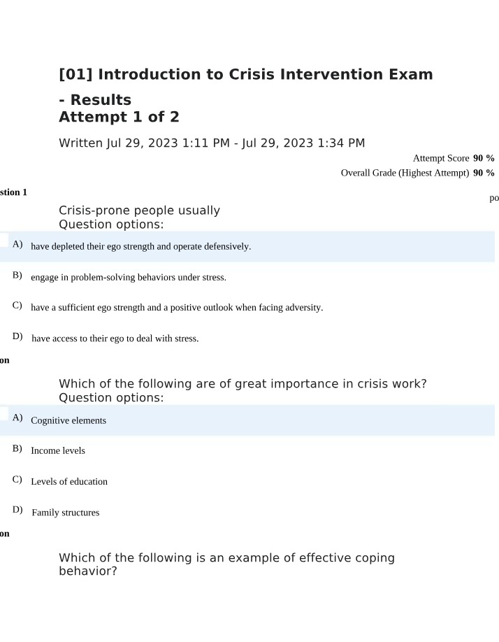 Exam on Introduction to Crisis Intervention
