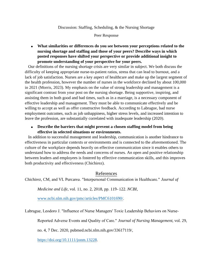 Nursing Shortage Crisis - Perceptions and Peer Response