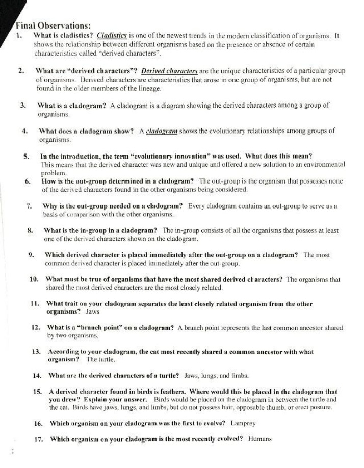Cladistics Cladogram - Questions and Answers