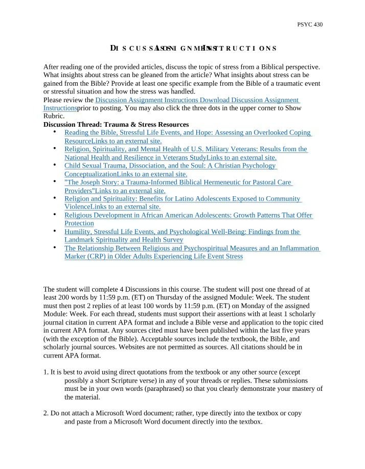 Instructions for PSYC 430 Discussion Assignment