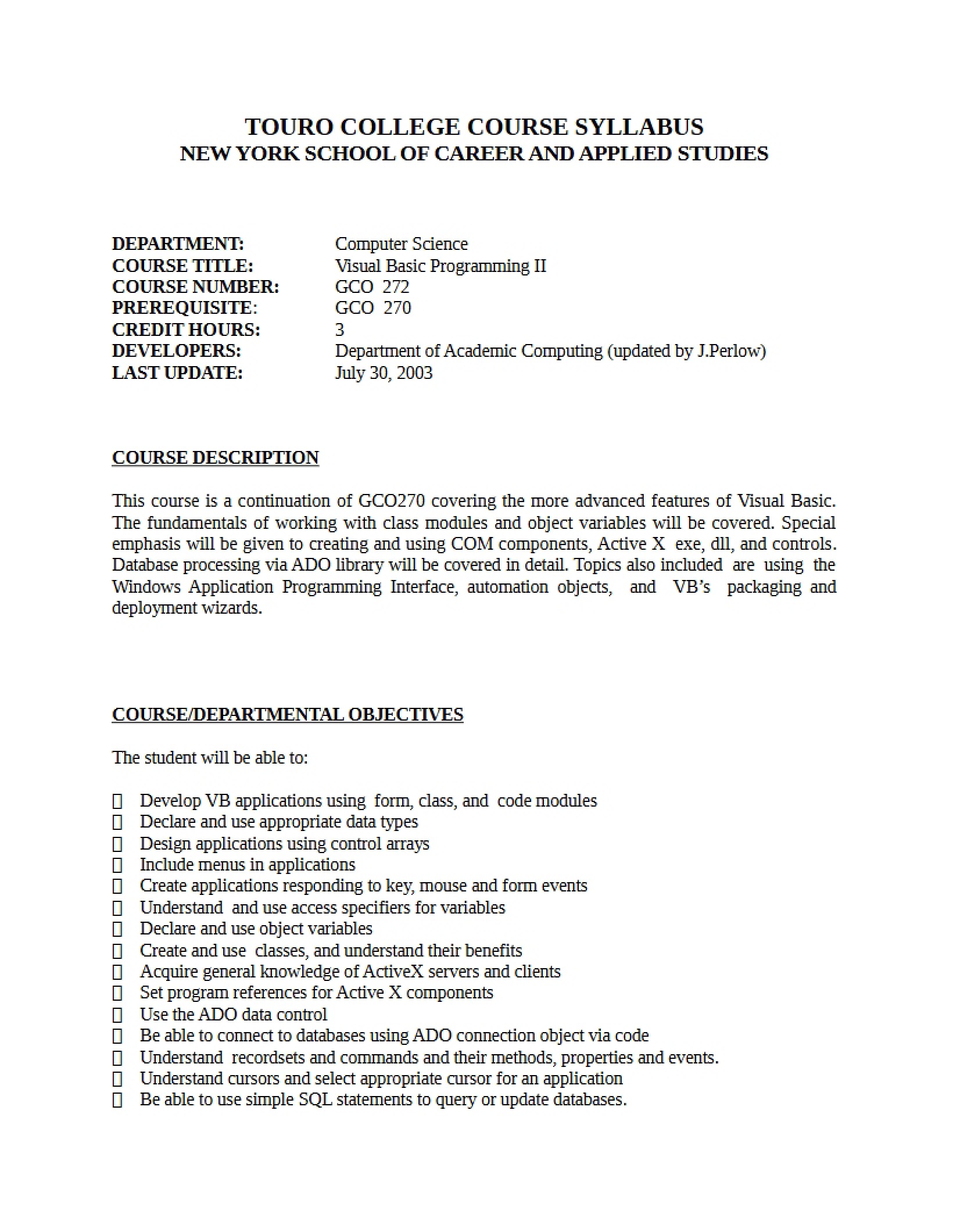 Visual Basic II Course Outline