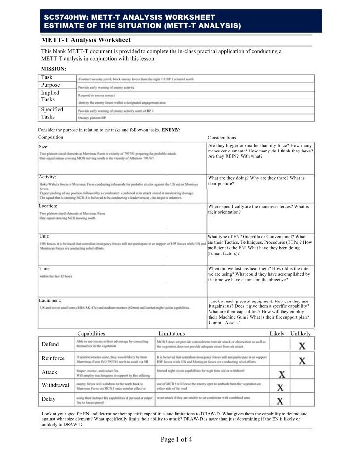 Worksheet for METT-T Analysis