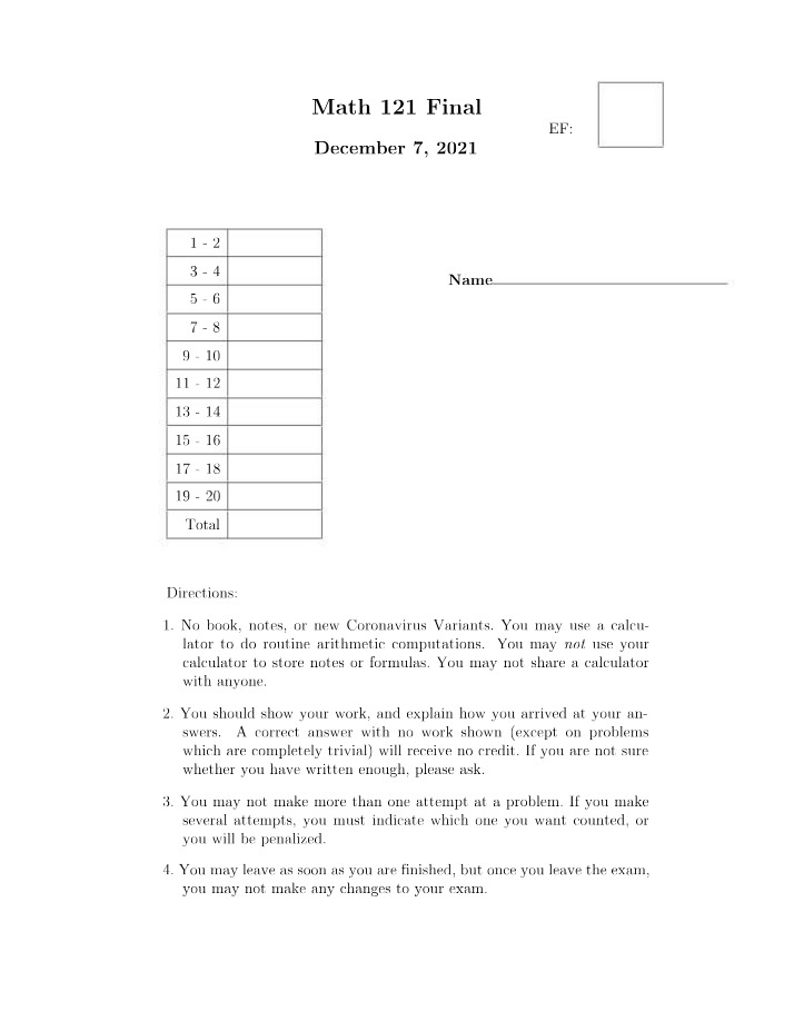 Final Training for MATH 121