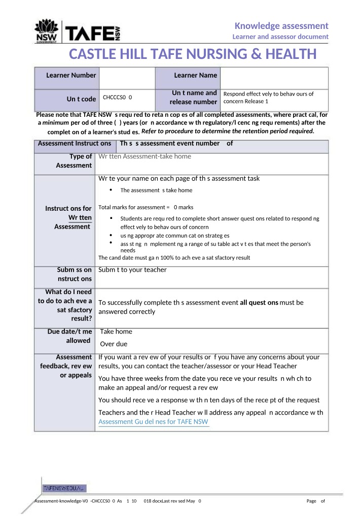 CHCCCS020 Assessment - Respond Effectively to Behaviours of Concern