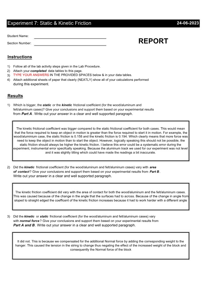 Static & Kinetic Friction Experiment - Results and Analysis
