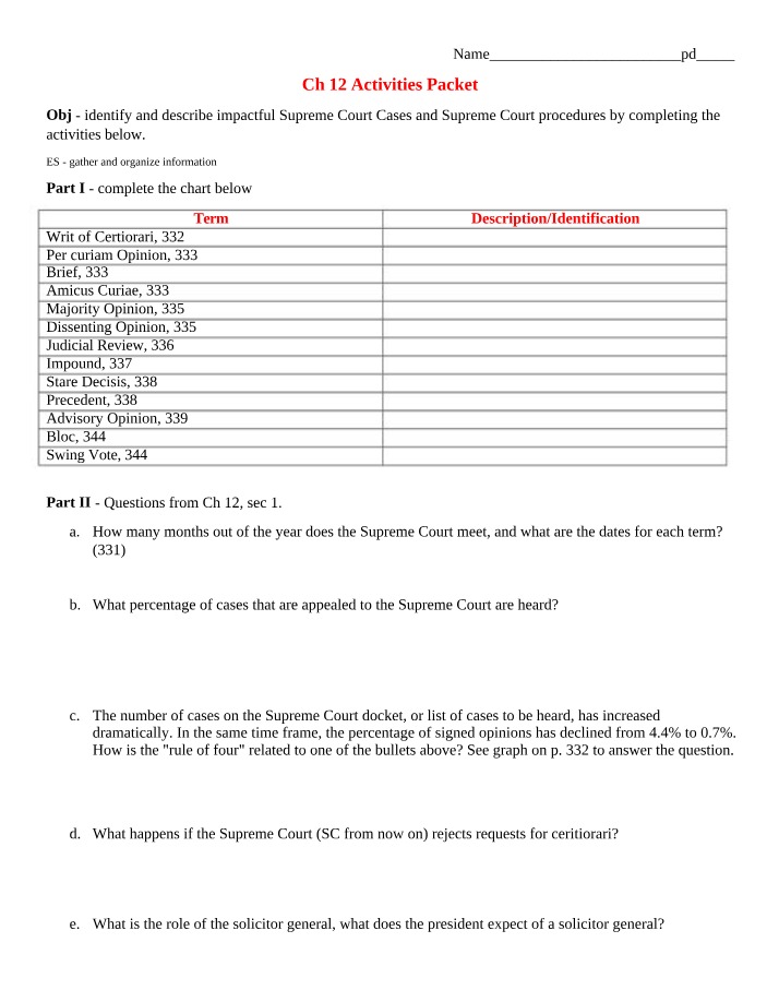 Packet of Activities for Chapter 12