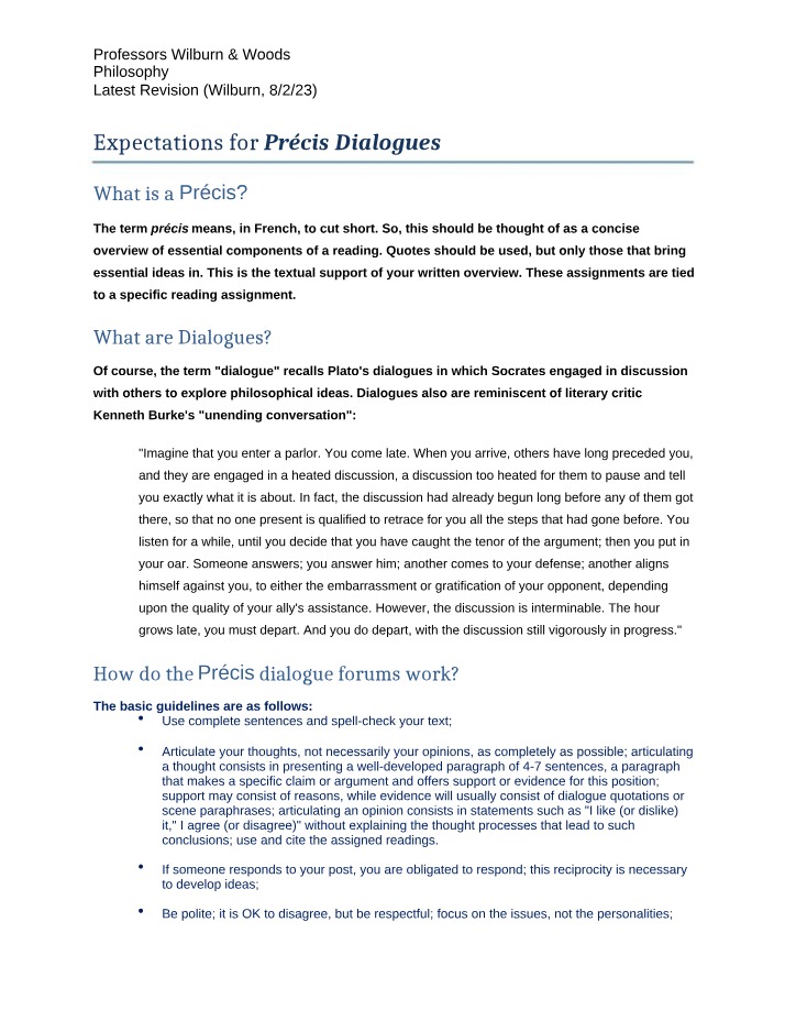 Expectations for Online Précis Dialogues (Fall 2023)