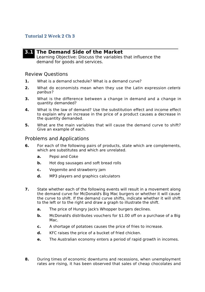 The Demand Side of the Market - Variables Influencing Goods