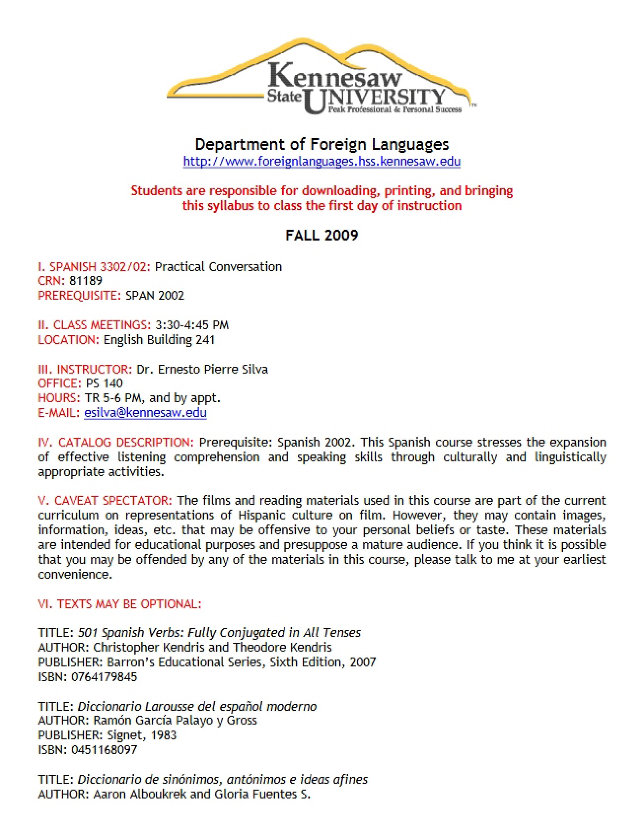 Syllabus for Practical Spanish Conversation